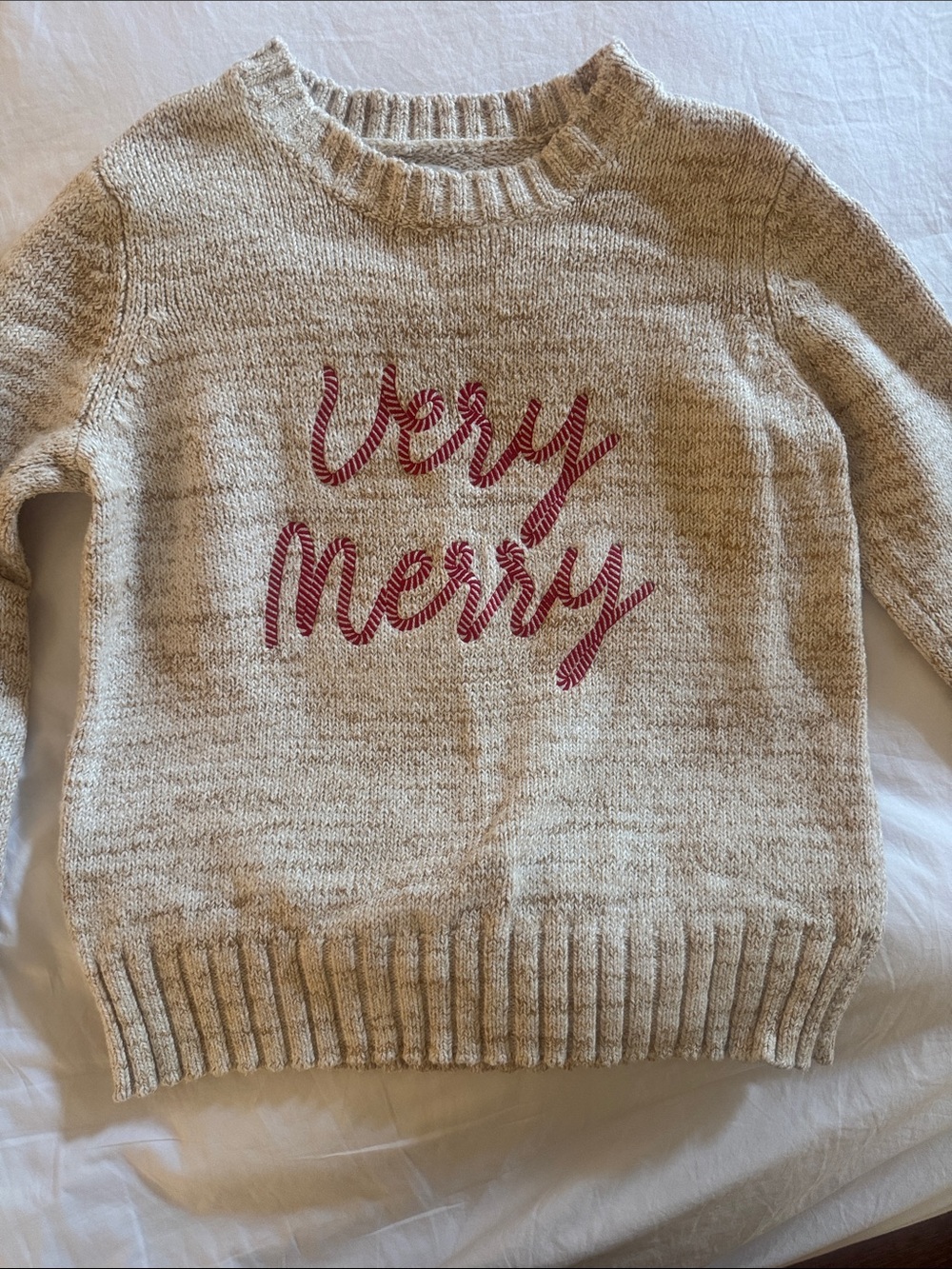 LOFT Cream Knit Crewneck Sweater with Red 'Very Merry' Script